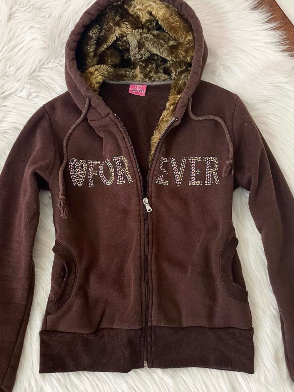 Vintage Y2K brown faux fur trim hoodie by ForEver